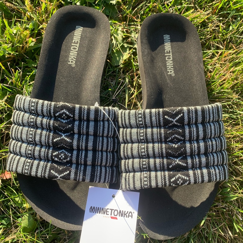 Minnetonka Striped Black and White Slide Sandals